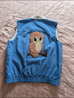 Vintage Cornflower Blue Vest with Rug Textured Owl Patch